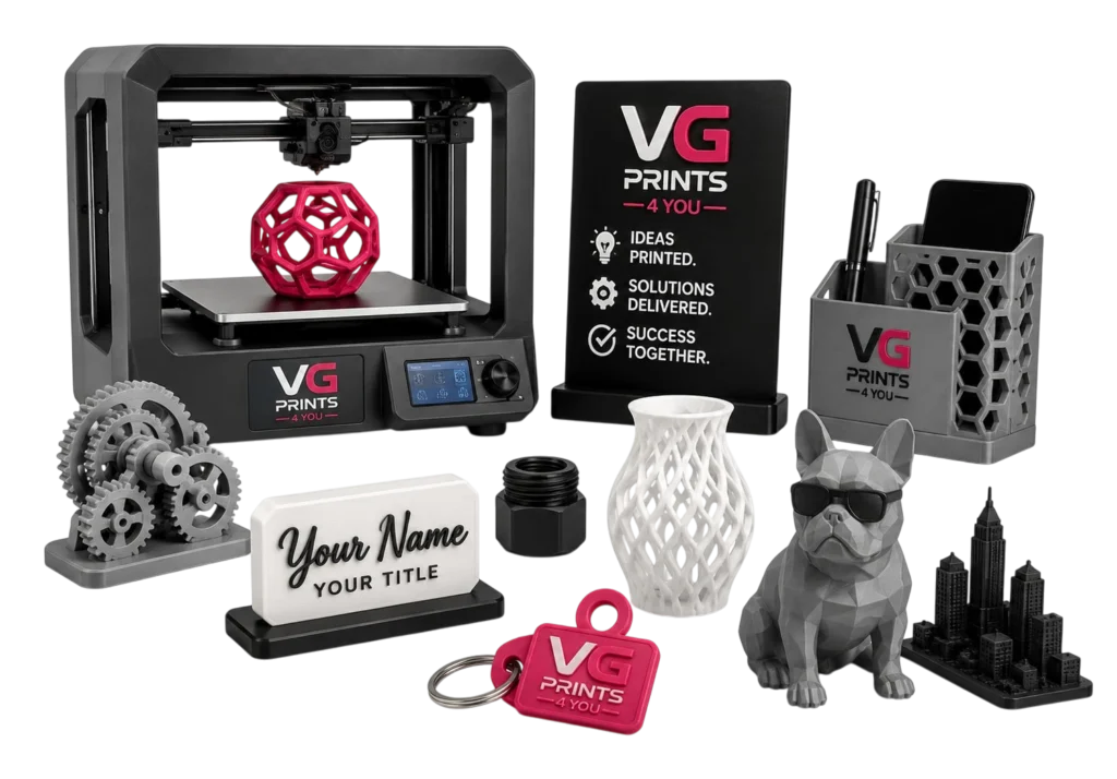 Professional 3D printing services featuring custom prototypes, personalized gifts, business displays, decorative objects, functional parts, and small production runs by VG Prints 4 You.