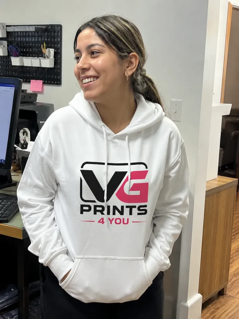 Custom printed hoodie with VG Prints 4 You logo for branded apparel and promotional clothing