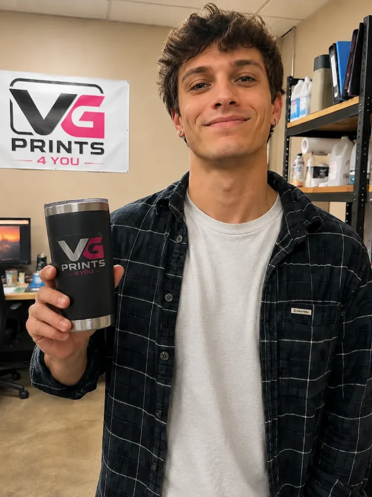 Custom branded tumbler created by VG Prints 4 You in Coral Springs, Florida for promotional products and business marketing