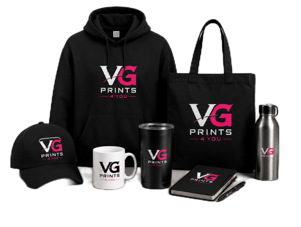 Custom branded apparel, tumblers, mugs, and promotional products by VG Prints 4 You