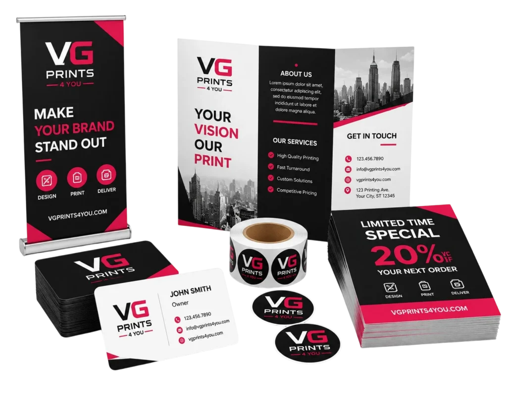 Professional business printing and marketing materials including business cards, flyers, brochures, banners, stickers, and custom promotional print products by VG Prints 4 You.