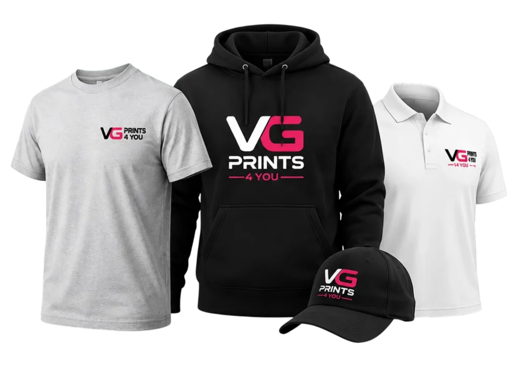 Custom apparel printing featuring branded t-shirts, hoodies, polo shirts, and caps by VG Prints 4 You. Professional DTF transfers, embroidery, and custom apparel for businesses, teams, schools, events, and organizations.