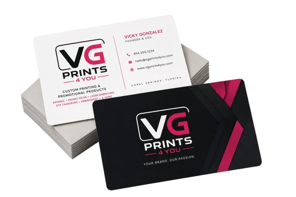 Premium custom business cards professionally designed and printed with your company logo, brand identity, and contact information. High-quality business card printing for small businesses, entrepreneurs, corporate professionals, networking events, and promotional marketing. Expertly produced by VG Prints 4 You in Coral Springs, Florida, with nationwide shipping.