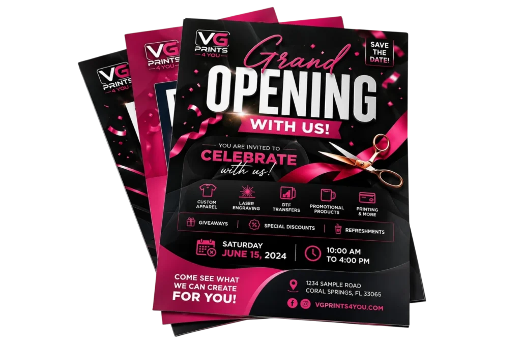 Eye-catching custom promotional flyers professionally designed and printed for businesses, grand openings, product launches, special events, retail promotions, restaurants, real estate, and local marketing campaigns. High-quality flyer printing by VG Prints 4 You in Coral Springs, Florida, with nationwide shipping.