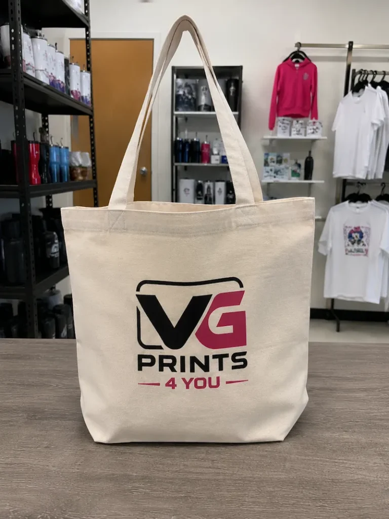 Custom printed canvas tote bag with VG Prints 4 You logo for promotional products, events and branded merchandise in Coral Springs Florida