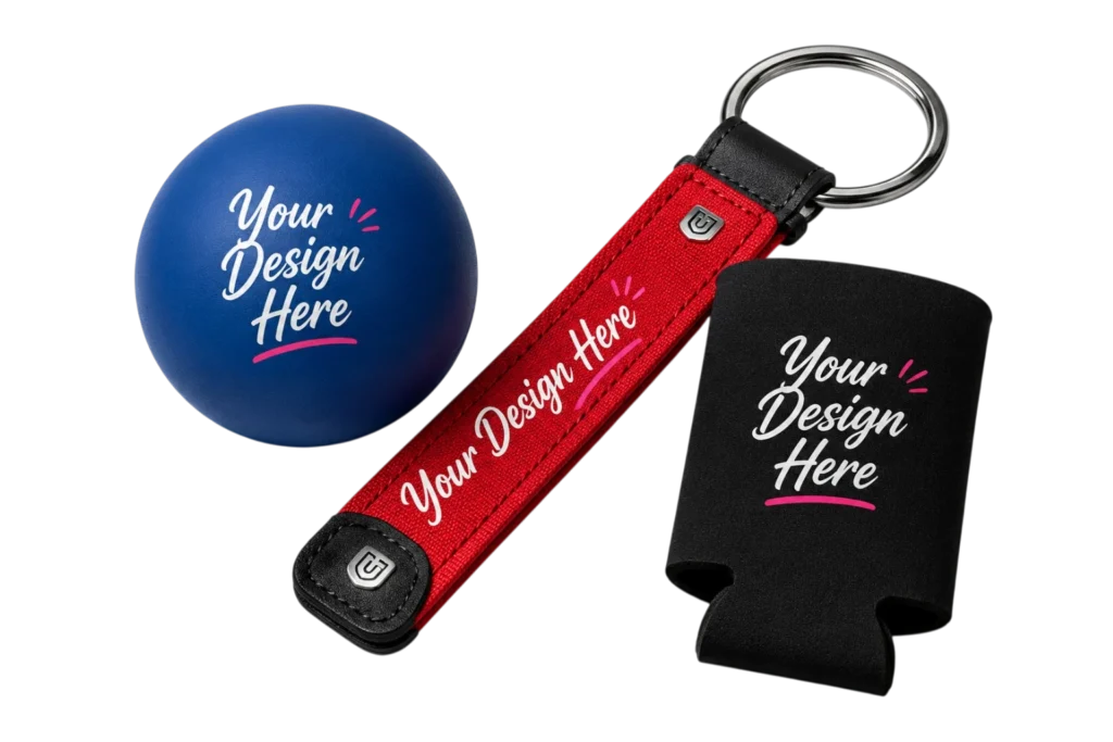 Custom promotional products including personalized stress balls, logo keychains, and branded can coolers printed with your company logo or custom design. Perfect for trade shows, corporate events, client giveaways, employee appreciation, schools, nonprofits, and marketing campaigns. Professionally customized by VG Prints 4 You in Coral Springs, Florida, with nationwide shipping.