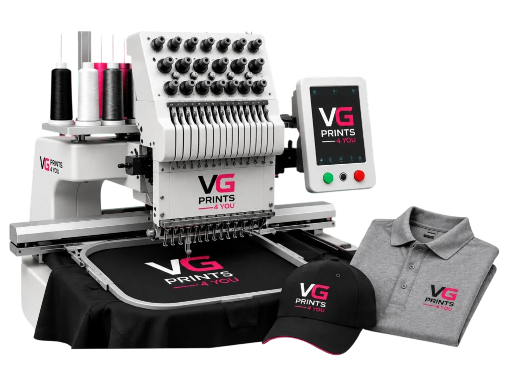 Commercial embroidery machine stitching custom apparel with embroidered logos on polo shirts, hats, and workwear. Professional embroidery services by VG Prints 4 You for businesses, teams, schools, organizations, and events.