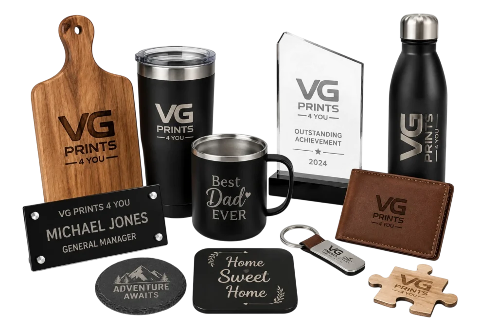 Custom laser engraving on wood, acrylic, metal, leather, awards, plaques, drinkware, nameplates, and personalized gifts by VG Prints 4 You.