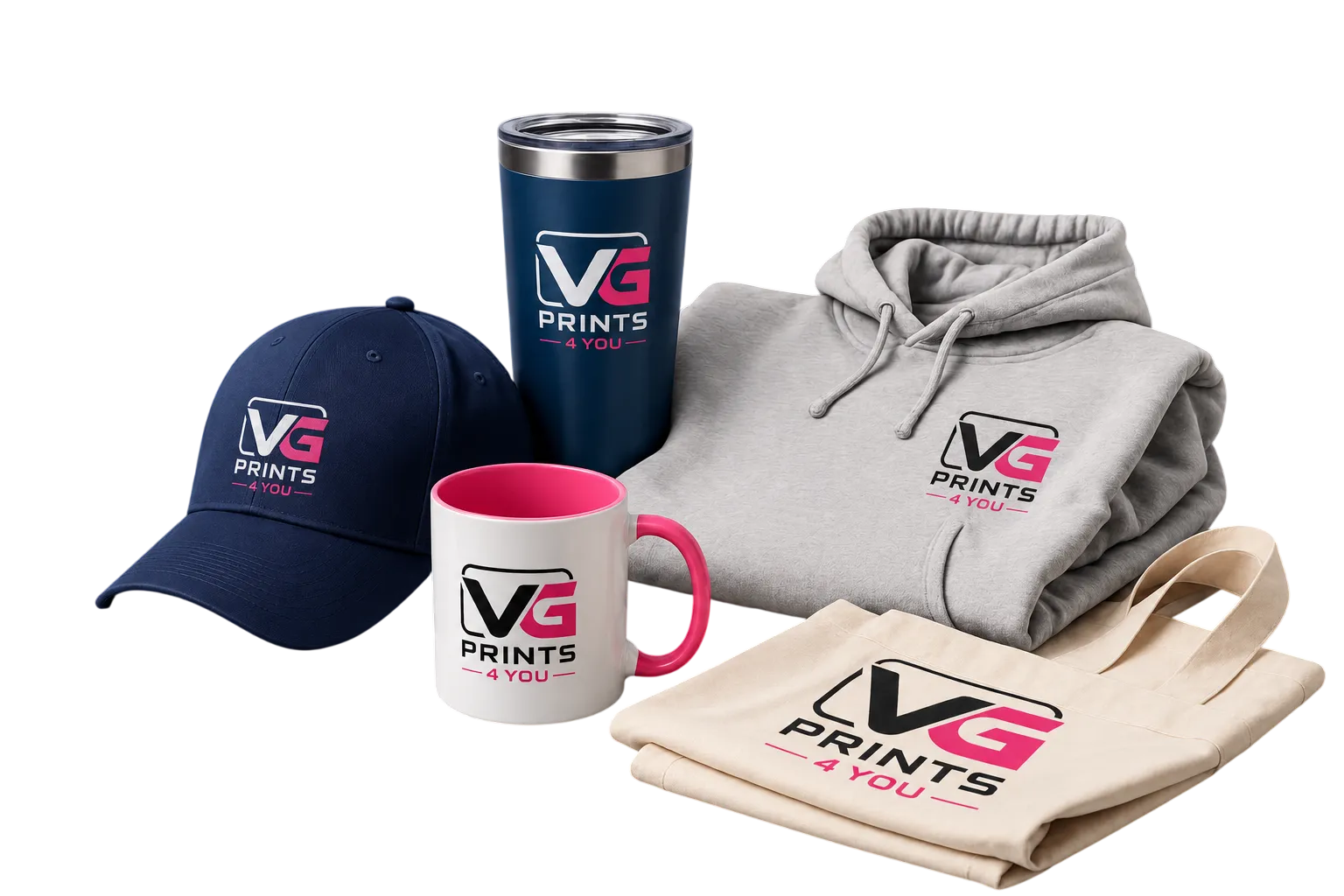 Custom printing and promotional products by VG Prints 4 You featuring branded apparel, mugs, tumblers, hats, and tote bags in Coral Springs, Florida.