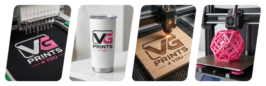 Professional custom printing services including embroidery, custom tumbler printing, laser engraving, and 3D printing by VG Prints 4 You in Coral Springs, Florida.