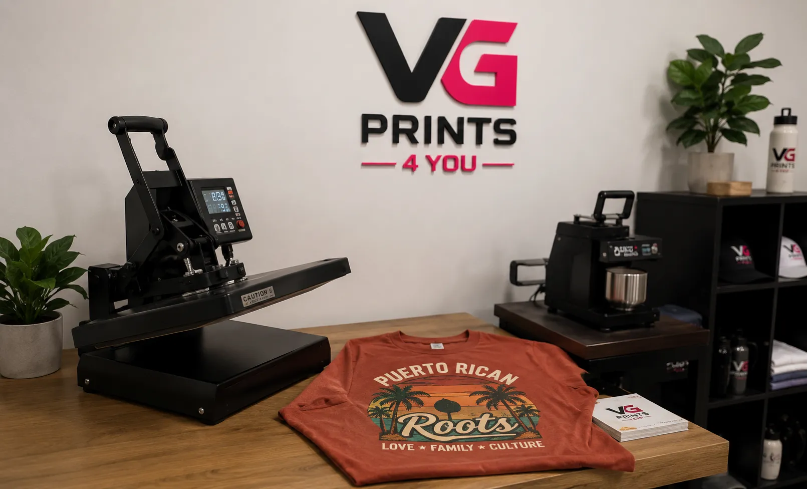 Custom printing workshop featuring heat press equipment, promotional products, custom t-shirts, and apparel printing services by VG Prints 4 You.