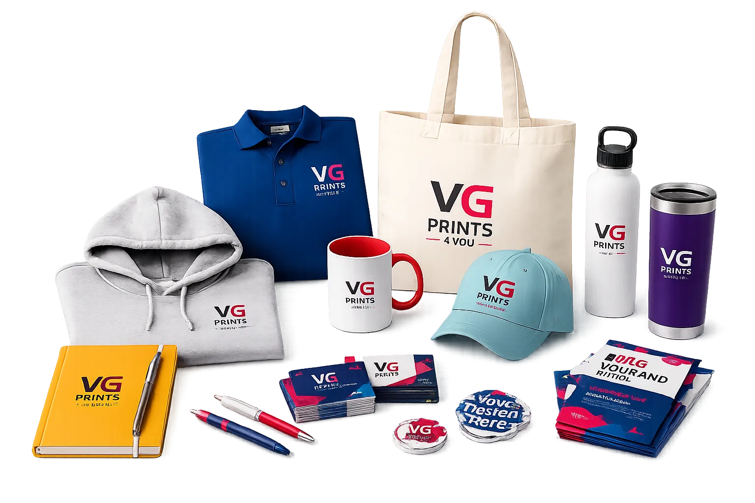 Collection of custom promotional products by VG Prints 4 You including branded polo shirt, hoodie, tote bag, baseball cap, insulated water bottle, tumbler, coffee mug, notebook, business cards, brochures, pens, and stickers for businesses, events, schools, organizations, and personalized gifts in Coral Springs, Florida.