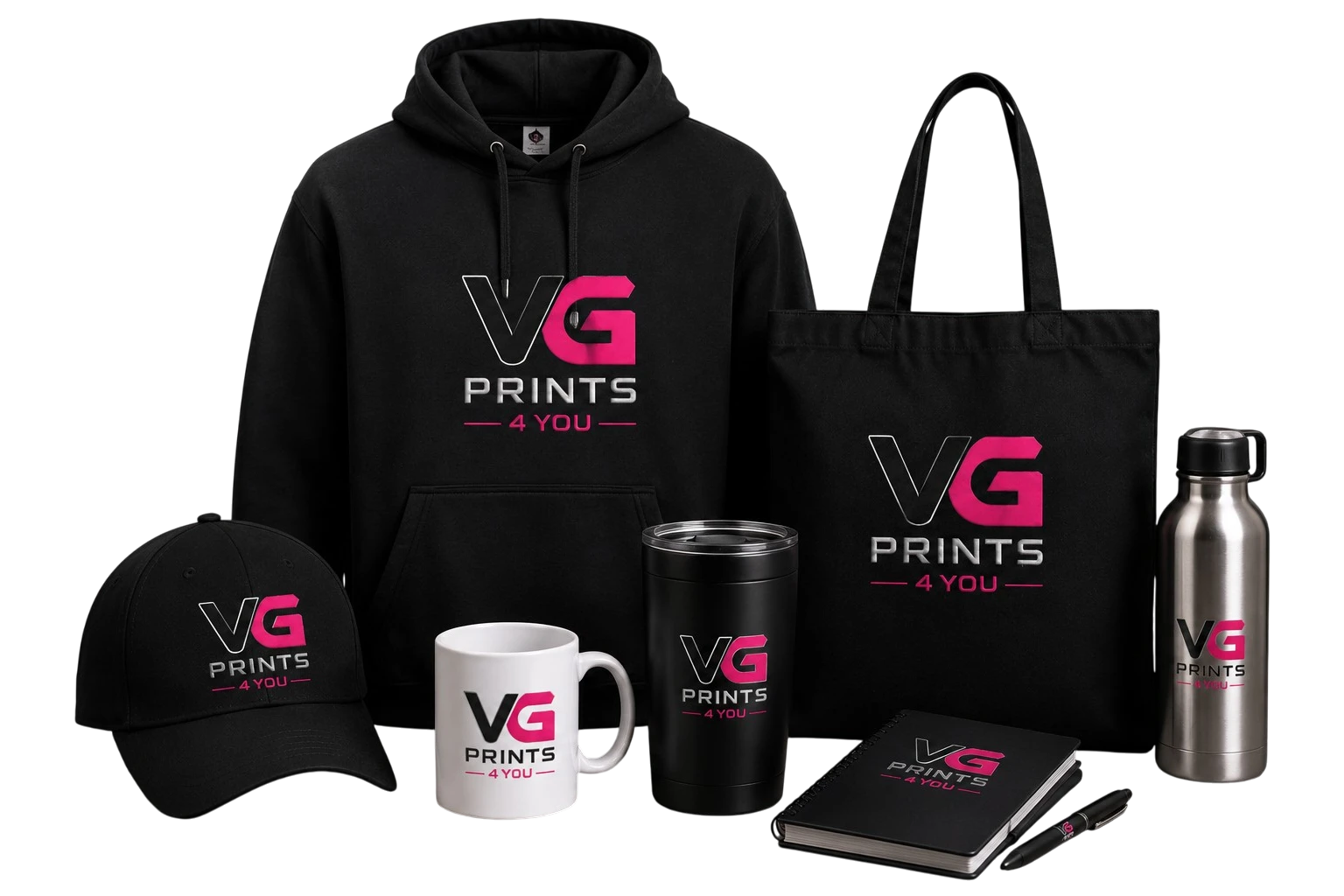 High-quality promotional products and custom branded merchandise created by VG Prints 4 You. Services include custom apparel printing, embroidery, DTF transfers, promotional products, branded drinkware, tote bags, notebooks, business marketing materials, and personalized merchandise for businesses, events, schools, teams, and organizations nationwide.